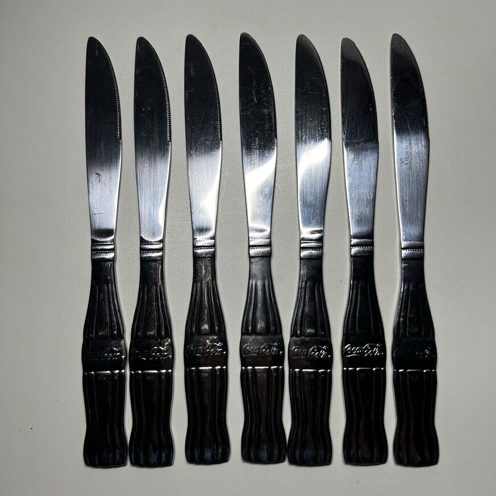 Lot of 7 Vtg Gibson Coca Cola Stainless Steel Dinner Knives Coke Bottle 8,5”